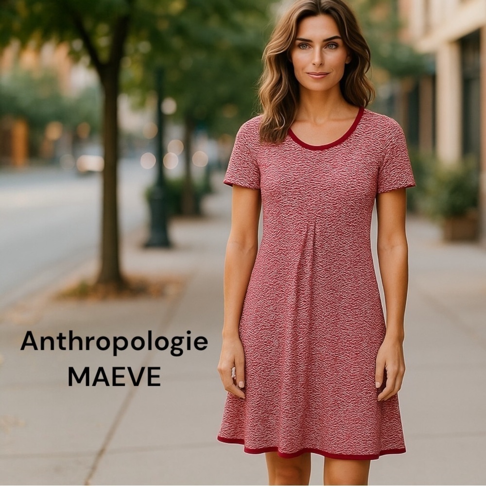Anthropologie Maeve Red White Stripe Texture Raw Chiffon Edge Short Sleeve Dress